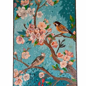 Large Wall Art with Ginkgo Flowers and Bird Mosaic Design, 70×50 cm, Customizable
