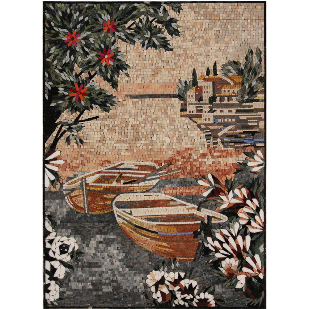 Coastal Boats Landscape Handmade Marble Mosaic Art